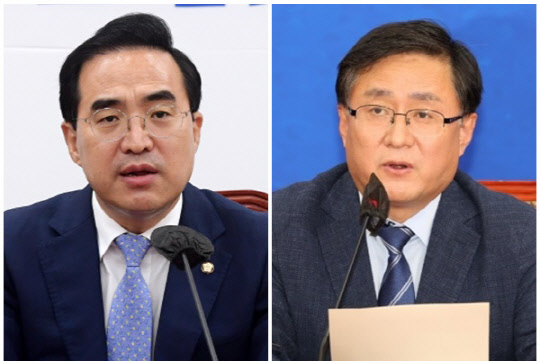 박홍근(왼쪽) 더불어민주당 원내대표와 김성환 민주당 정책위의장. <연합뉴스>